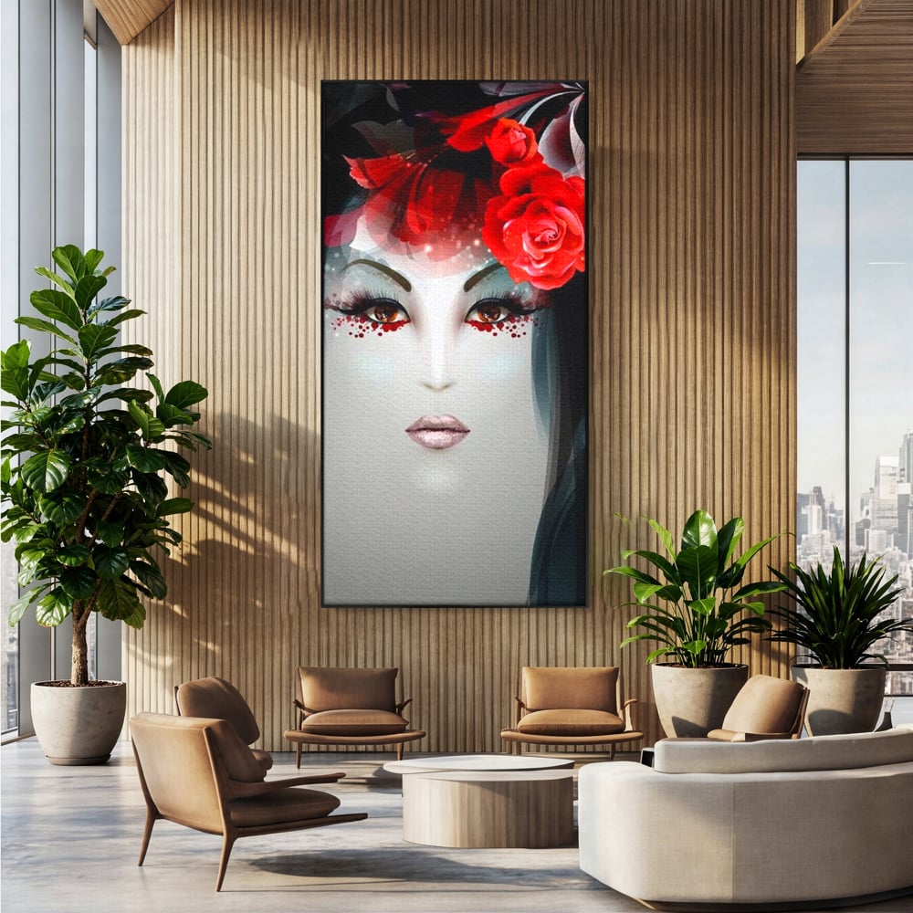 Tablou canvas cu tablou portret feminin cu trandafiri rosii, in rama de aluminiu negru, pe perete intr-un birou